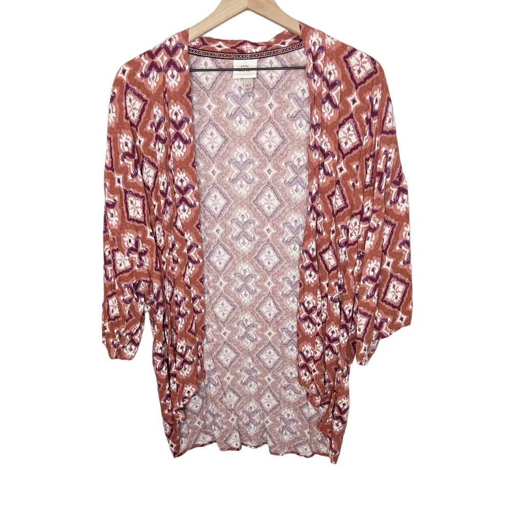 KNOX ROSE Women's Open Front Kimono Top Mauve Pink Diamond Print Med Large